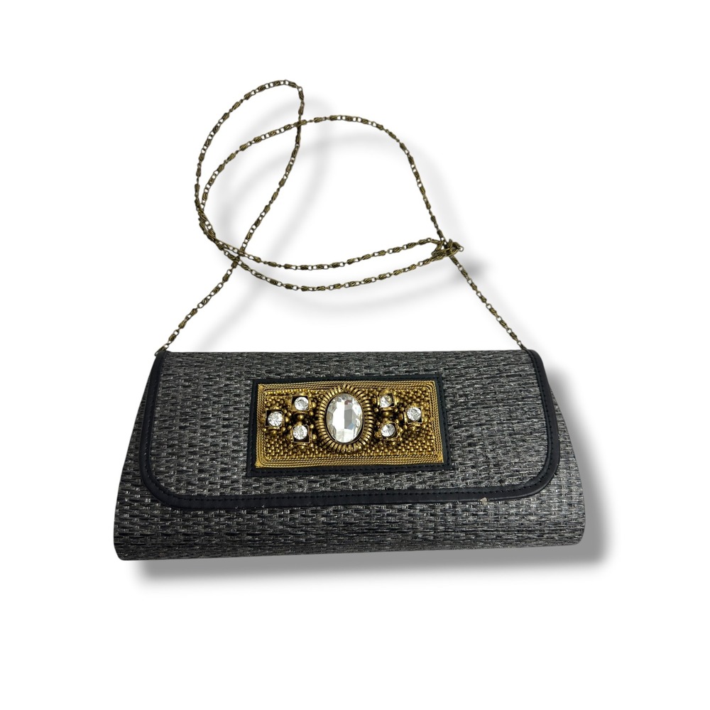 Unbranded Evening Clutch Women OS Grey Gold Jeweled Woven Chain Strap Bag